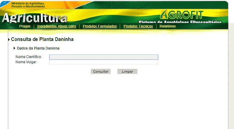 Consulta de Plantas Daninhas no Sistema AGROFIT do MAPA uma captura de tela da interface de 'Consulta de Planta Daninha' do sistema AGROFIT, uma plataforma oficial do