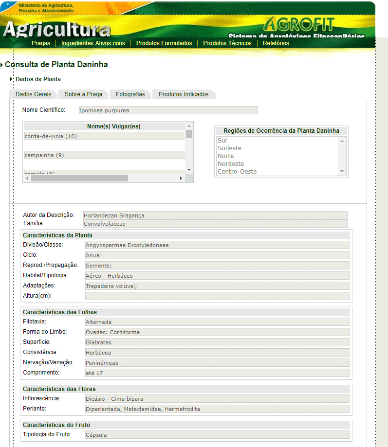 Consulta de Plantas Daninhas no Sistema AGROFIT uma captura de tela do sistema AGROFIT, uma plataforma do Ministério da Agricultura, Pecuária e Abastecimento