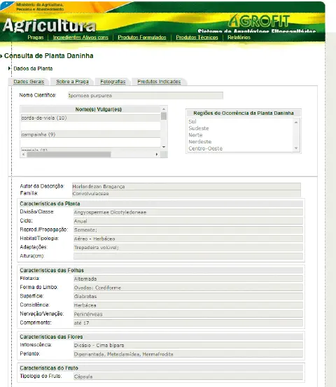 uma captura de tela do sistema AGROFIT, uma plataforma do Ministério da Agricultura, Pecuária e Abastecimento