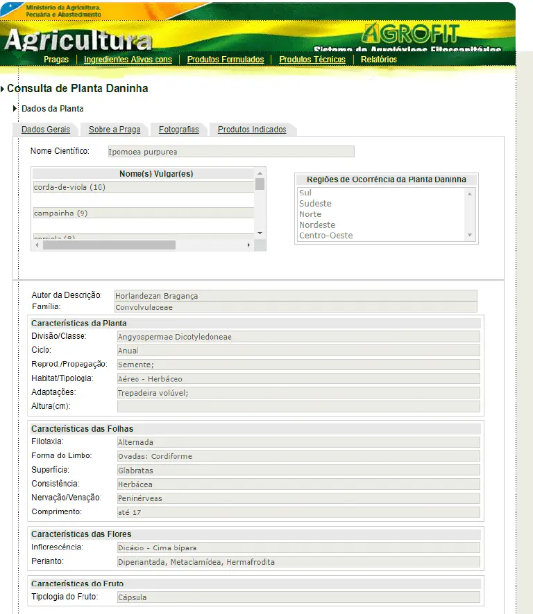 Consulta de Plantas Daninhas no Sistema AGROFIT uma captura de tela do sistema AGROFIT, uma plataforma do Ministério da Agricultura, Pecuária e Abastecimento