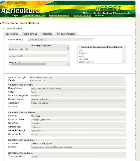 uma captura de tela do sistema AGROFIT, uma plataforma do Ministério da Agricultura, Pecuária e Abastecimento