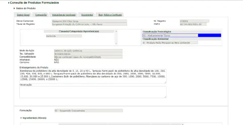 uma captura de tela da interface de um sistema de 'Consulta de Produtos Formulados', provavelmente o Agrofit d