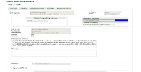uma captura de tela da interface de um sistema de 'Consulta de Produtos Formulados', provavelmente o Agrofit d