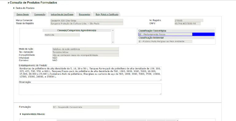 Consulta de Produtos Formulados: Registro e Bula Online uma captura de tela da interface de um sistema de 'Consulta de Produtos Formulados', provavelmente o Agrofit d