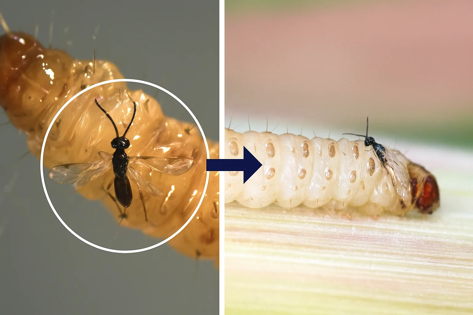 montagem que ilustra de forma clara e detalhada o processo de controle biológico na agricultura. No painel esq