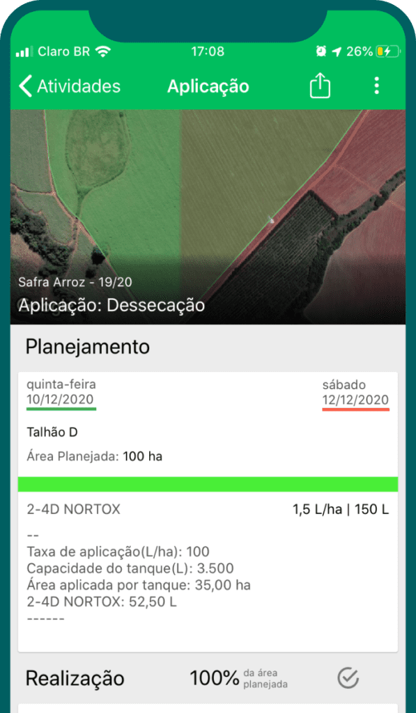 a tela de um aplicativo de gestão agrícola em um smartphone, detalhando uma atividade de ‘Aplicação’. Especifi