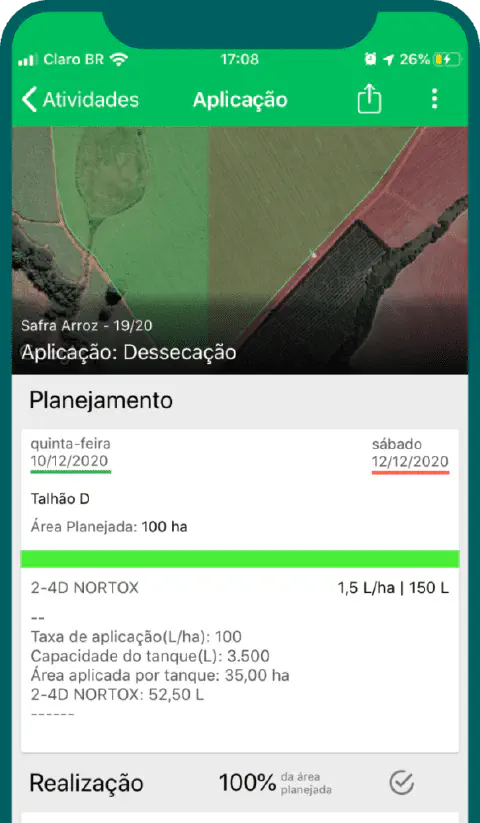 a tela de um aplicativo de gestão agrícola em um smartphone, detalhando uma atividade de 'Aplicação'. Especifi