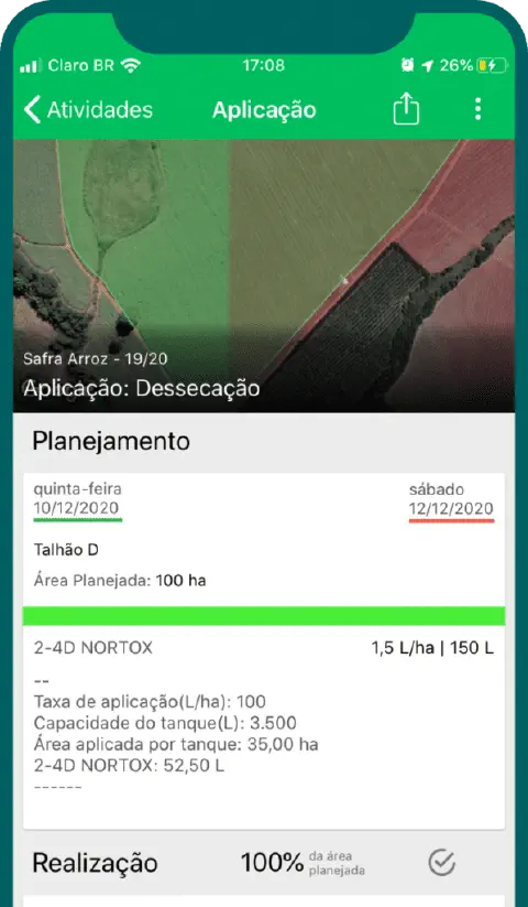 a tela de um aplicativo de gestão agrícola em um smartphone, detalhando uma atividade de 'Aplicação'. Especifi