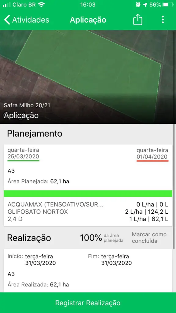 Controle de Aplicações Agrícolas no App de Gestão Rural a tela de um aplicativo de gestão agrícola, especificamente a funcionalidade de ‘Aplicação’. A interface mostr