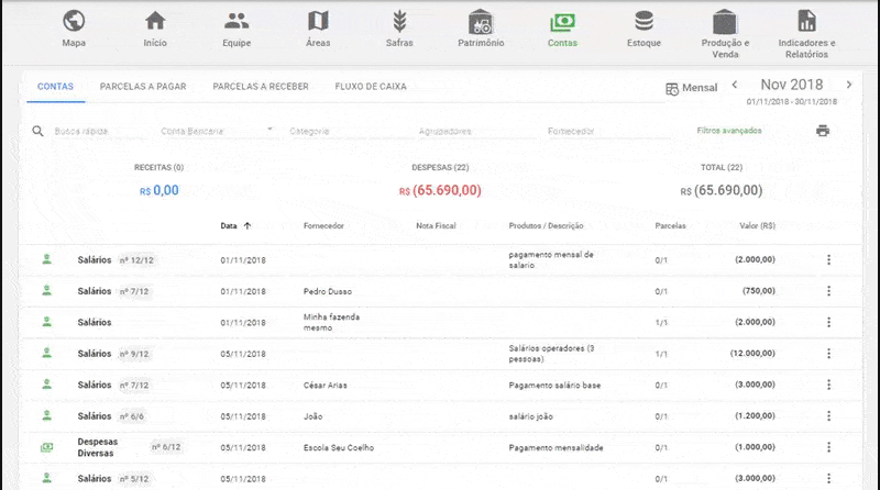 Controle de Contas a Pagar no Software Agrícola Aegro GIF que exibe a tela de ‘Contas’ do software de gestão agrícola Aegro. A interface mostra o módulo financeiro,