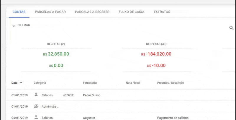 a tela de ‘Contas’ do módulo financeiro do software de gestão rural Aegro. A interface apresenta um resumo cla