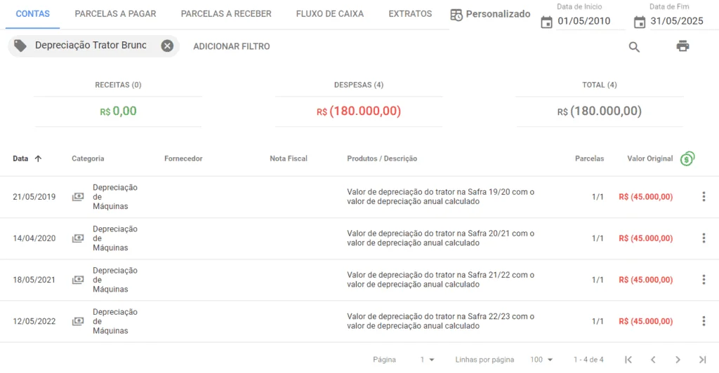 tela de ‘Contas’ do software de gestão rural Aegro, demonstrando o controle financeiro de depreciação de um