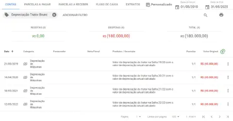 tela de 'Contas' do software de gestão rural Aegro, demonstrando o controle financeiro de depreciação de um