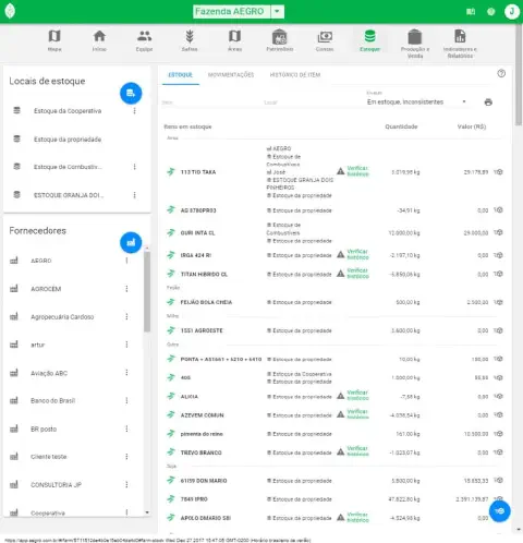 a tela de 'Estoque' do software de gestão agrícola Aegro. A interface é organizada e apresenta uma visão geral