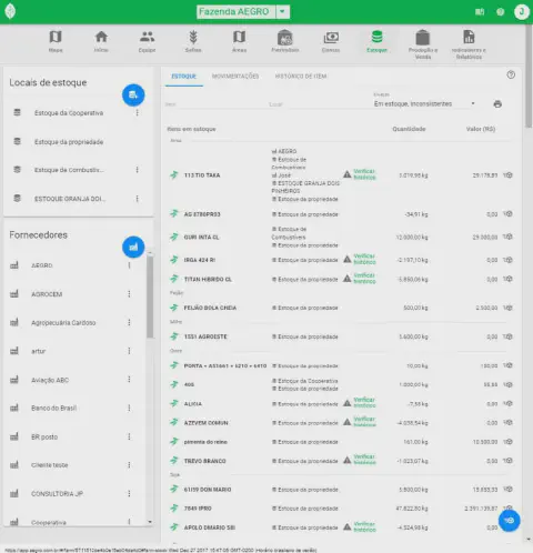 a tela de 'Estoque' do software de gestão agrícola Aegro. A interface é organizada e apresenta uma visão geral