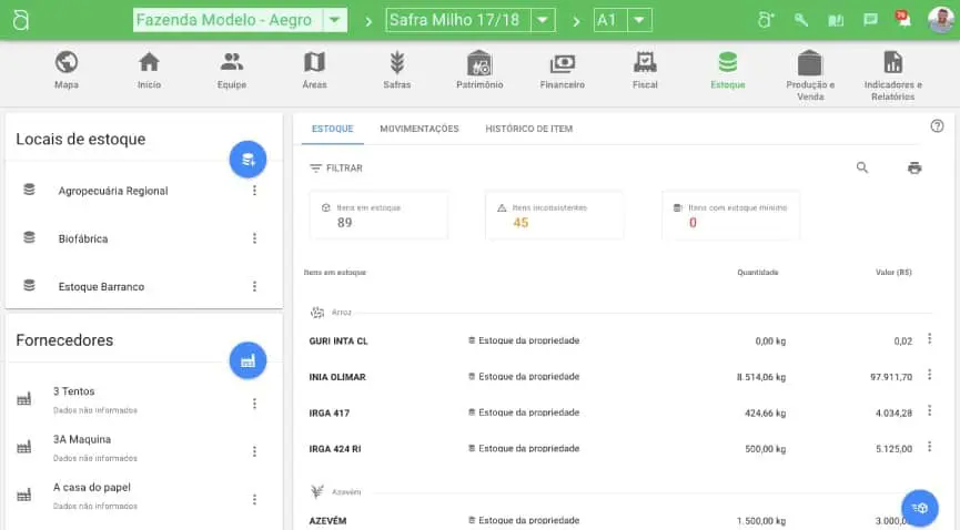 Controle de Estoque e Insumos para Fazendas | Software Aegro a tela de ‘Estoque’ do software de gestão agrícola Aegro. A interface é limpa e organizada, mostrando um paine