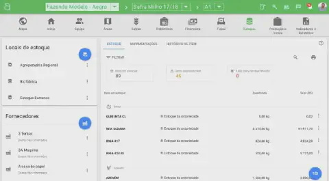a tela de 'Estoque' do software de gestão agrícola Aegro. A interface é limpa e organizada, mostrando um paine