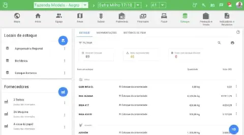 a tela de 'Estoque' do software de gestão agrícola Aegro. A interface é limpa e organizada, mostrando um paine