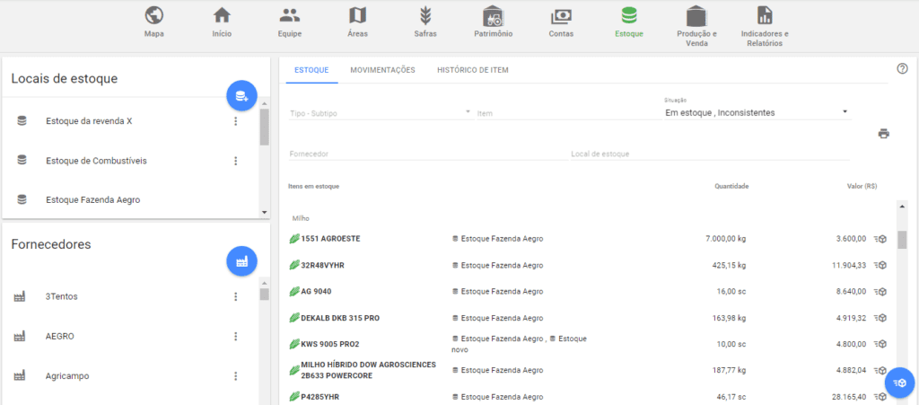 Tela de ‘Estoque’ do software de gestão agrícola Aegro, mostrando um panorama detalhado de insumos.