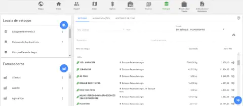 Tela de 'Estoque' do software de gestão agrícola Aegro, mostrando um panorama detalhado de insumos.