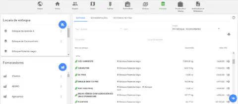 Tela de 'Estoque' do software de gestão agrícola Aegro, mostrando um panorama detalhado de insumos.