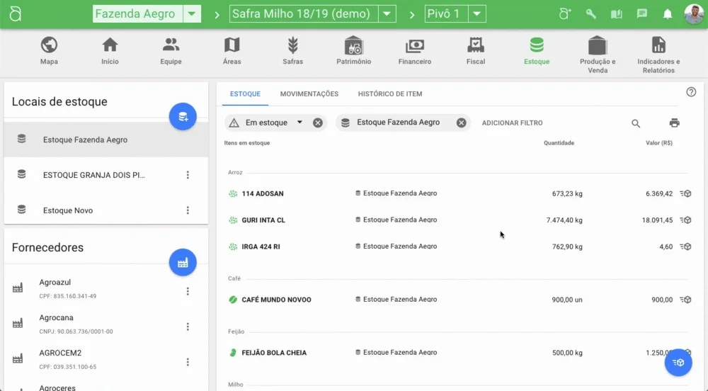 Controle de Estoque Rural no Software Agrícola Aegro a tela de ‘Estoque’ do software de gestão agrícola Aegro. A interface é limpa e organizada, mostrando uma list