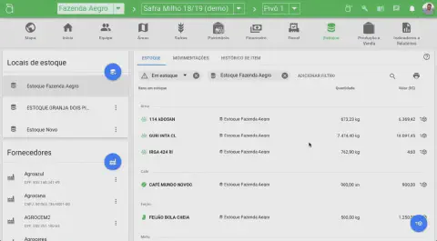 a tela de 'Estoque' do software de gestão agrícola Aegro. A interface é limpa e organizada, mostrando uma list