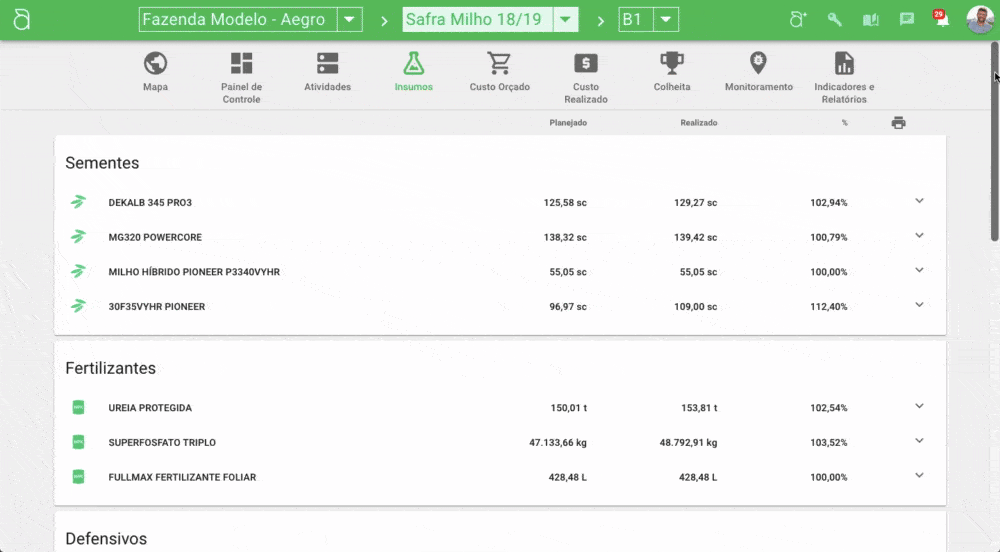 GIF que exibe a tela de ‘Insumos’ do software de gestão agrícola Aegro. A interface mostra uma análise comparat