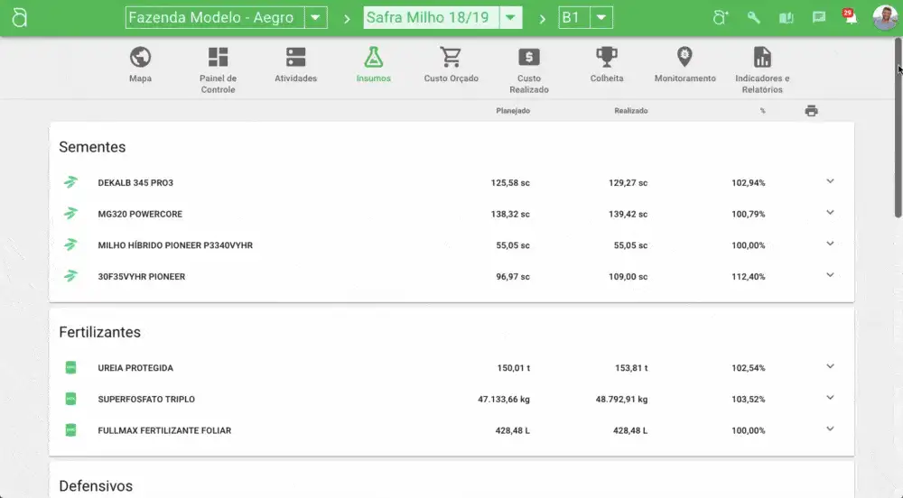 GIF que exibe a tela de 'Insumos' do software de gestão agrícola Aegro. A interface mostra uma análise comparat