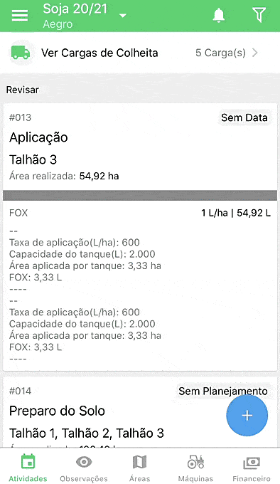 GIF que demonstra a tela de ‘Atividades’ do aplicativo móvel da Aegro. A animação mostra um usuário navegando p