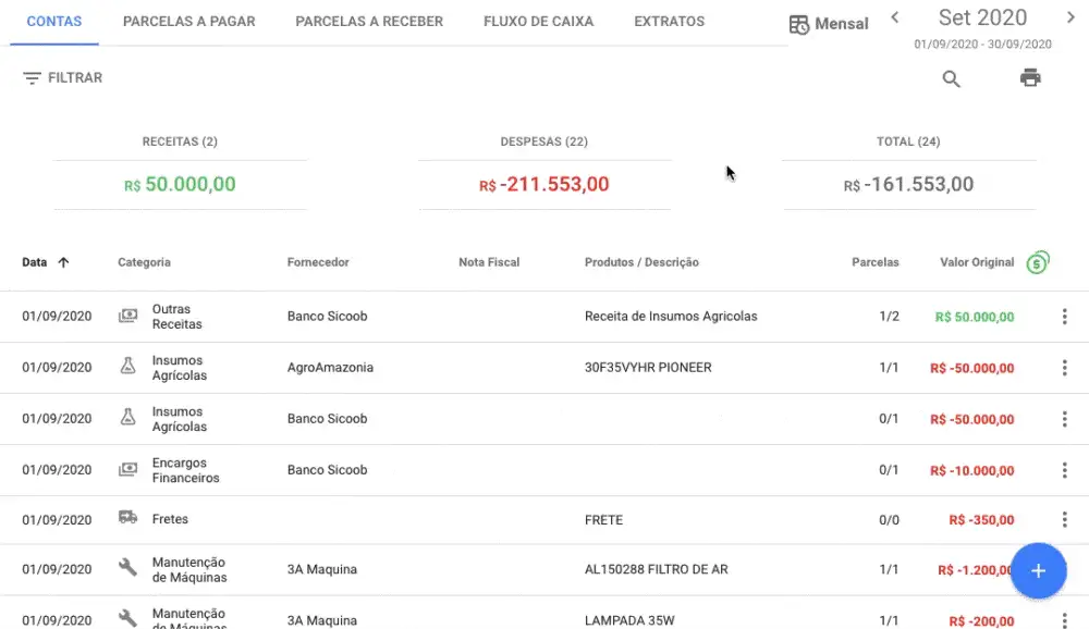 Este GIF animado exibe a tela de 'Contas' do software de gestão rural Aegro, demonstrando a funcionalidade de controle financ