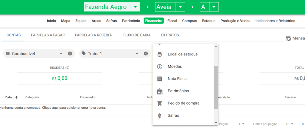 Controle Financeiro Rural: Gestão de Custos no Software Aegro a tela do módulo financeiro do software de gestão agrícola Aegro. Especificamente, a seção ‘Contas’ está selec