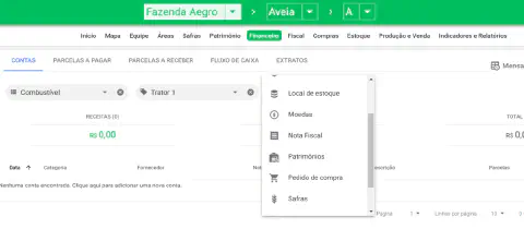 a tela do módulo financeiro do software de gestão agrícola Aegro. Especificamente, a seção 'Contas' está selec