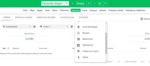 a tela do módulo financeiro do software de gestão agrícola Aegro. Especificamente, a seção 'Contas' está selec