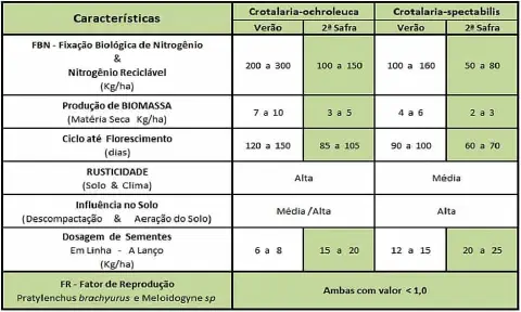 tabela comparativa detalhada entre duas espécies de leguminosas, a Crotalaria-ochroleuca e a Crotalari