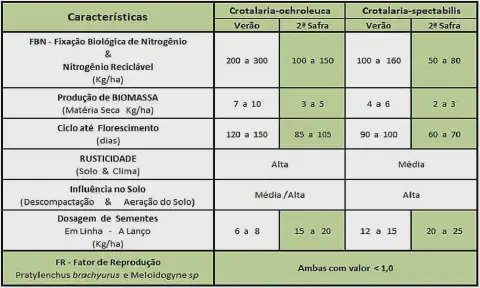 tabela comparativa detalhada entre duas espécies de leguminosas, a Crotalaria-ochroleuca e a Crotalari
