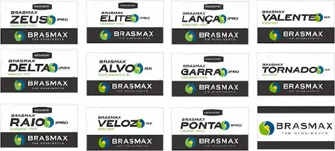 uma montagem organizada com doze rótulos de produtos da marca Brasmax, especializada em sementes para o agrone