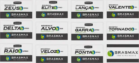 uma montagem organizada com doze rótulos de produtos da marca Brasmax, especializada em sementes para o agrone
