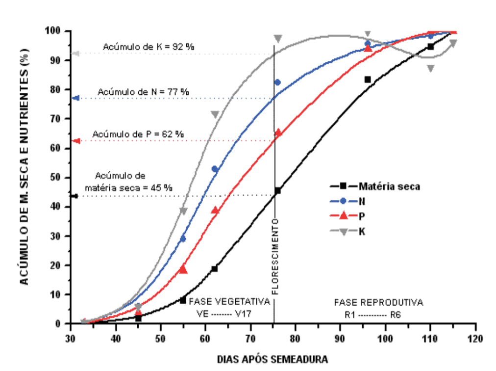 Curva de Absorção de Nutrientes na Lavoura: Entenda o Gráfico Este gráfico técnico ilustra a curva de acúmulo de matéria seca e dos macronutrientes primários — Nitrogênio (N), Fósforo (P)
