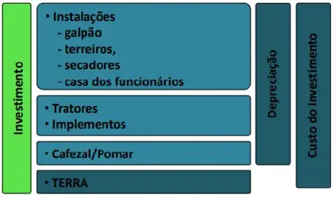 fluxograma que detalha os componentes de um investimento agrícola. À esquerda, uma barra vertical verde