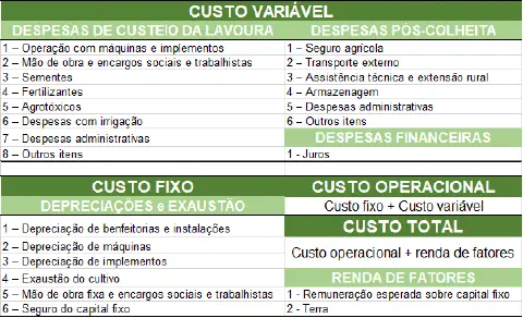 uma tabela detalhada que estrutura os custos de produção agrícola, dividindo-os em categorias principais para
