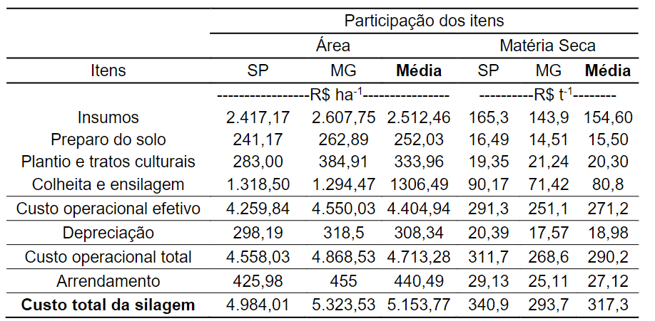 uma tabela detalhada que analisa a ‘Participação dos itens’ no custo de produção de silagem. Os dados são comp
