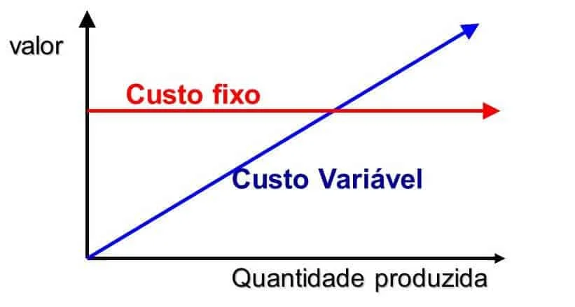 gráfico cartesiano que ilustra os conceitos de custo fixo e custo variável em relação à produção. O eixo ho