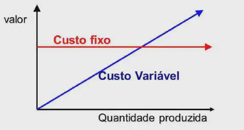 gráfico cartesiano que ilustra os conceitos de custo fixo e custo variável em relação à produção. O eixo ho