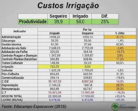 uma tabela comparativa detalhada dos custos e da produtividade entre sistemas de cultivo de sequeiro e irrigad