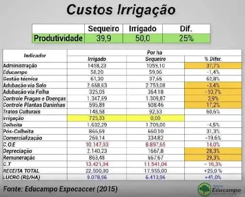 uma tabela comparativa detalhada dos custos e da produtividade entre sistemas de cultivo de sequeiro e irrigad