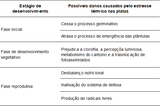 tabela informativa que detalha os possíveis danos causados pelo estresse térmico em plantas, organizad