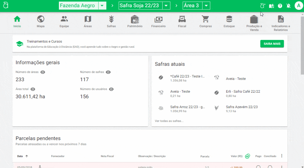 Dashboard de Gestão Agrícola no Software Aegro GIF que exibe a tela inicial, ou dashboard, do software de gestão agrícola Aegro. A tela apresenta uma visão ge