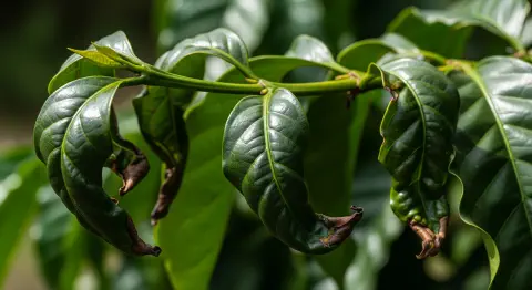 Planta de café com sintoma de deficiência de cobre, folhas curvadas para baixo