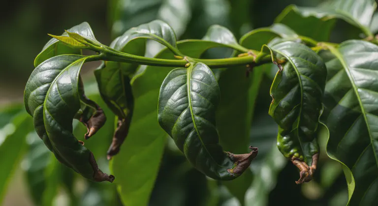 Deficiência de Cobre em Café: Folhas Curvadas Planta de café com sintoma de deficiência de cobre, folhas curvadas para baixo